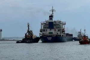 Tàu chở ngũ cốc của Ukraine qua Biển Đen. ẢNH: AP