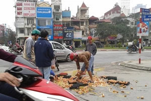 Xe chở trứng gà bị nạn, vẫn có người hôi