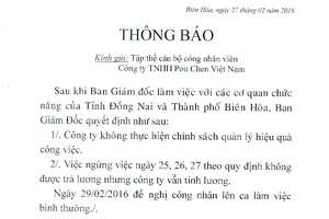 Đã giải quyết xong vụ công nhân Công ty Pouchen ngưng việc tập thể