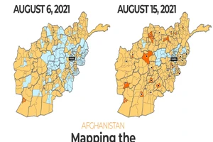Các khu vực Taliban đã giành quyền kiểm soát (màu cam và vàng) tăng "chóng mặt" từ ngày 6-8 đến 15-8. Ảnh: AL JAZEERA