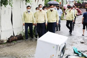 Phái đoàn chính phủ đi kiểm tra thiệt hại tại làng Guryong (Seoul) ngày 9-8. Ảnh: YONHAP