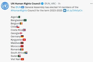 Việt Nam góp mặt trong danh sách 14 nước thành viên Hội đồng Nhân quyền Liên Hợp Quốc nhiệm kỳ 2023-2025. Ảnh chụp màn hình Twitter của Hội đồng Nhân quyền LHQ