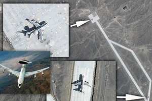 Hình ảnh vệ tinh chụp ngày ngày 28-8 cho thấy hai mô hình E-3. Ảnh: PLANET LABS / THE DRIVE 