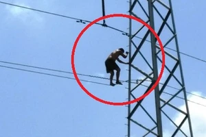 Clip dùng xe thang giải cứu nam thanh niên leo cột điện