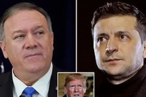 Ông Pompeo (trái) sẽ sang Ukraine gặp ông Zelensky (phải) giữa bối cảnh luận tội ông Trump (giữa). Ảnh: AFP