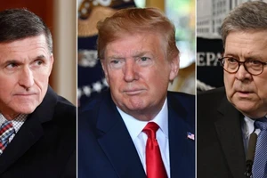 Từ trái qua: Ông Flynn, ông Trump, và ông Barr. Ảnh: CNN