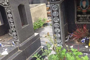 Hàng loạt ngôi mộ bị đập phá bát nhang trong đêm. Ảnh: Đ.H