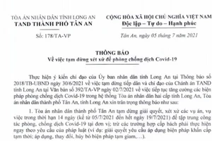 Tòa án TP Tân An tạm dừng xét xử để phòng chống dịch COVID-19