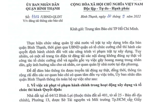Công văn UBND quận Bình Thạnh thông tin về vụ việc. Ảnh: LT