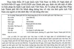 Thông báo Sở Tư pháp thôi quốc tịch Việt Nam của Lim Dĩnh Kỳ