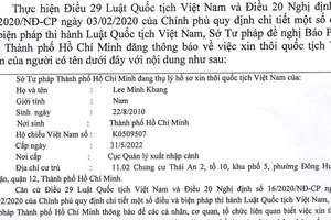 Thông báo Sở Tư pháp thôi quốc tịch Việt Nam của Lee Minh Khang