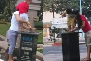 Rửa chân cho trẻ trên vòi nước uống miễn phí tại Vũng Tàu