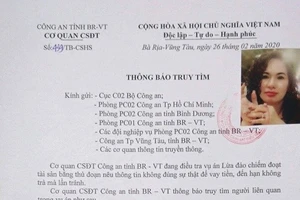 Thông báo truy tìm bà Trần Thị Kim Loan của Cơ quan CSĐT, Công an tỉnh Bà Rịa - Vũng Tàu, trước đó. Ảnh: Công an cung cấp