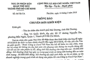 Vụ kiện Ford: TAND quận Thủ Đức không thụ lý