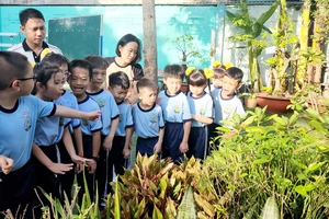 Các phụ huynh tham dự tiết học mở cùng con tại vườn trường của Trường Tiểu học Lê Văn Thọ (quận Gò Vấp, TP.HCM). Ảnh: NGUYỄN QUYÊN