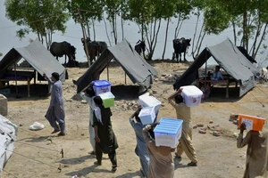 Các tình nguyện viên của một nhóm từ thiện đến phân phát thực phẩm cho các nạn nhân lũ lụt ở huyện Jaffarabad, tỉnh Baluchistan (Pakistan) ngày 15-9. Ảnh: AP