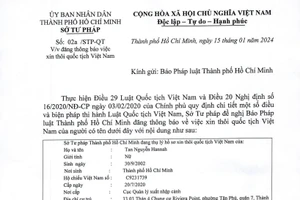Thông báo Sở Tư pháp về việc thôi quốc tịch Việt Nam của Tan Nguyễn Hannah