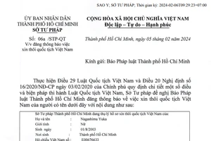 Thông báo Sở Tư pháp thôi quốc tịch Việt Nam của Nagashima Yuka