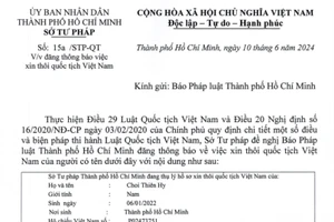 Thông báo Sở Tư pháp thôi quốc tịch Việt Nam của Choi Thiên Hy