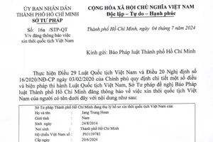 Thông báo Sở Tư pháp thôi quốc tịch Việt Nam của Jang Trung Hoan