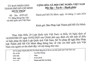 Thông báo Sở Tư pháp thôi quốc tịch Việt Nam của Lee Bảo Khang