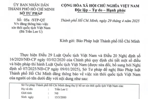 Thông báo Sở Tư pháp thôi quốc tịch Việt Nam của Trần Lee U