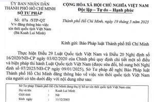 Thông báo Sở Tư pháp thôi quốc tịch Việt Nam của Kuah Lui Minh