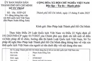 Thông báo Sở Tư pháp thôi quốc tịch Việt Nam của Phạm Xuân Hồng Ánh