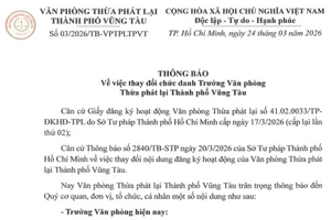 Văn phòng Thừa phát lại TP Vũng Tàu thông báo thay đổi Trưởng văn phòng từ ngày 17-3-2026