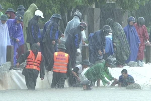 100 cán bộ, chiến sĩ cùng người dân ngâm mình trong mưa lũ để hộ đê 
