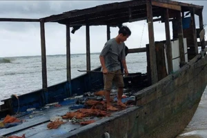 1 tàu không có người sơn chữ nước ngoài trôi dạt vào bờ biển Quảng Trị