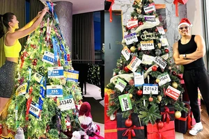 Độc lạ những cây thông Noel trang trí bằng huy chương, cúp, dép chạy bộ, BIB 