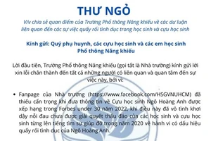 Trường Phổ thông Năng khiếu lên tiếng xin lỗi liên quan vụ Ngô Hoàng Anh