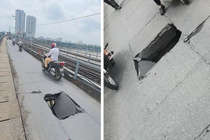 Phát hiện lỗ thủng lớn trên lòng cầu Long Biên