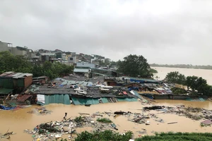 Hình ảnh nhiều ngôi nhà ven sông Hồng bị ngập tới nóc