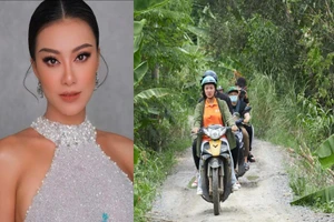 Á hậu Kim Duyên chạy xe máy, trao nhà tình thương