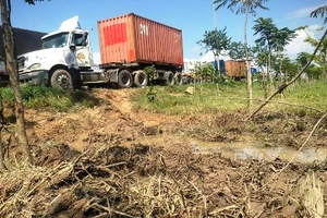 Xe container va cột đèn, cọc tiêu rồi lao xuống hào