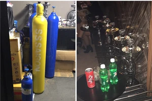 Nhiều bình khí cười ở quán cà phê trung tâm Sài Gòn