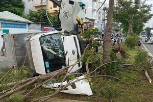 Xe tải tông bật gốc cây xanh, lật nhào trên đường Võ Văn Kiệt