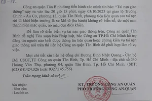 Công an Tân Bình tìm người chứng kiến tai nạn tại giao lộ Trường Chinh – Âu Cơ