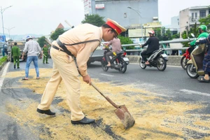 Xe tải mất lái lao lên dải phân cách ở cầu vượt cao nhất Đà Nẵng