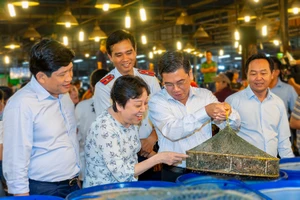 Lãnh đạo TP.HCM khảo sát hàng tết tại chợ đầu mối Bình Điền. ẢNH: TÚ UYÊN