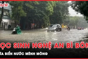 Giữa biển nước mênh mông do mưa lớn tại Nghệ An, học sinh bì bõm đến trường 