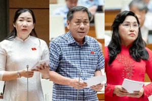 Từ trái qua: Đại biểu Trần Thị Thu Phước (đoàn Kon Tum), đại biểu Trần Văn Sáu (đoàn Đồng Tháp) và đại biểu Nguyễn Thị Kim Bé (đoàn Kiên Giang) tại phiên chất vấn Bộ trưởng Bộ TN&MT Đặng Quốc Khánh.