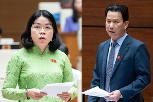 Đại biểu Nguyễn Thị Ngọc Xuân (đoàn Bình Dương) và Bộ trưởng Bộ TN&MT Đặng Quốc Khánh tại phiên thảo luận chiều 21-6.