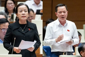 Đại biểu Nguyễn Thị Kim Thúy (đoàn Đà Nẵng) và đại biểu Trịnh Xuân An (đoàn Đồng Nai) tại phiên thảo luận về dự thảo Luật Thuế tiêu thụ đặc biệt (sửa đổi).