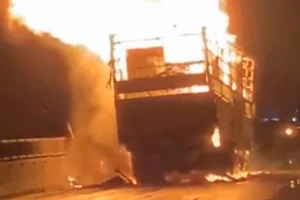 Xe tải đấu đầu xe container rồi cùng bốc cháy dữ dội