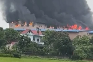 Cháy lớn tại công ty sản xuất giày da ở Vĩnh Phúc