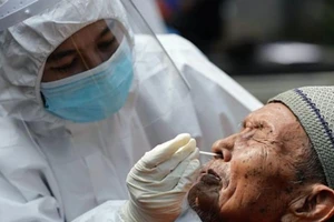 Một nhân viên y tế đang lấy mẫu xét nghiệm từ một người đàn ông lớn tuổi ở thủ đô Jakarta, Indonesia vào ngày 23-8.