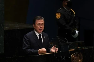 Tổng thống Hàn Quốc Moon Jae-in phát biểu tại phiên họp thứ 76 của Đại hội đồng Liên Hợp Quốc vào ngày 21-9.